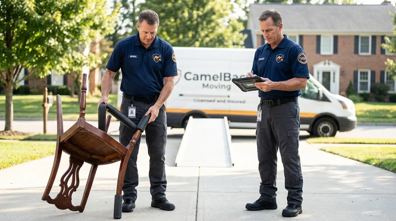 Movers inspecting furniture for damage prevention before loading in Dunellen, NJ