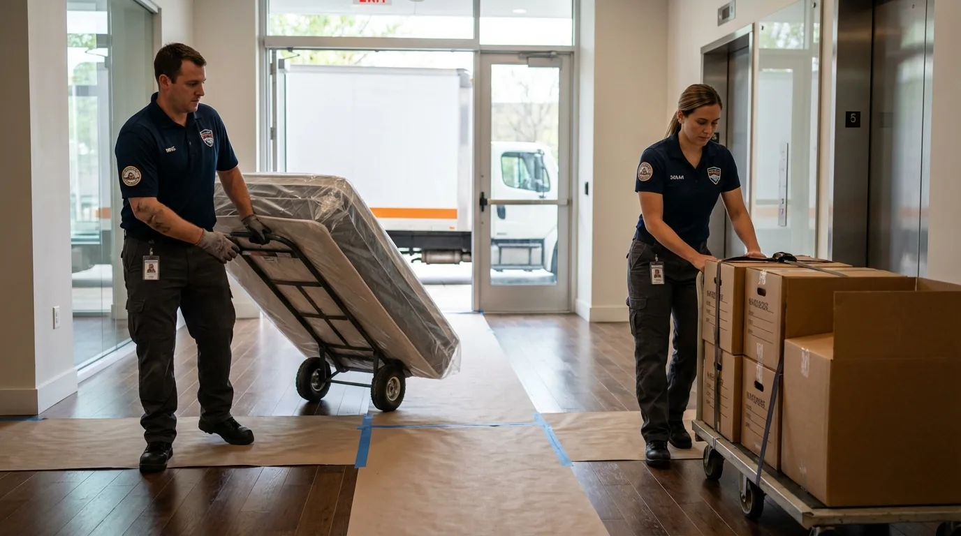 Professional apartment movers loading elevator in Dunellen, NJ